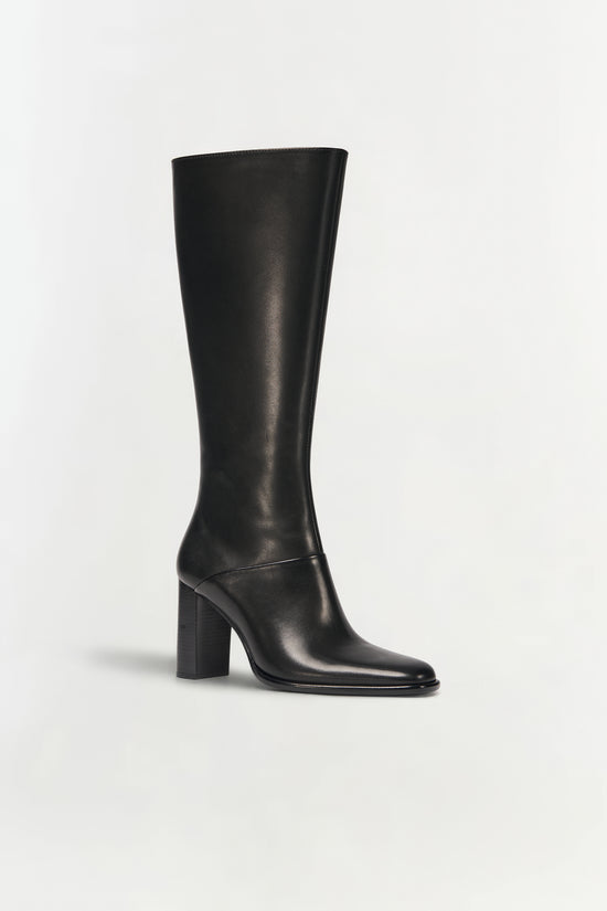 Black leather knee-high boot with a chunky block heel and rounded toe.